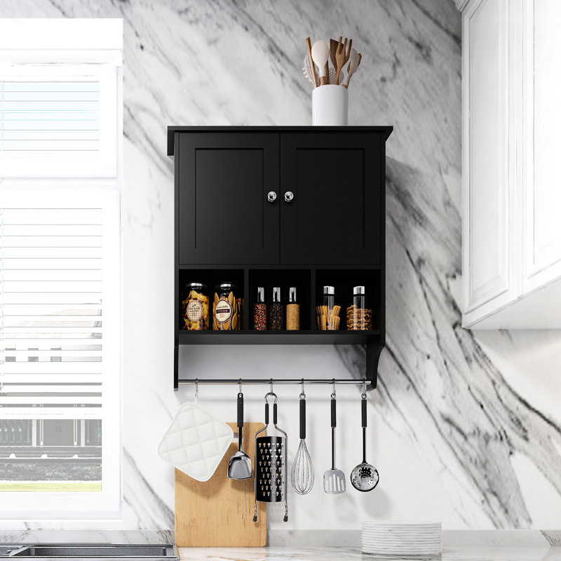 Armoire de salle de bain noire - tablettes réglables, armoire de rangement de 27,5 po de profondeur x 23,8 po de largeur, 7,8 po de hauteur, avec barre à serviettes et espace pour les articles de toilette
