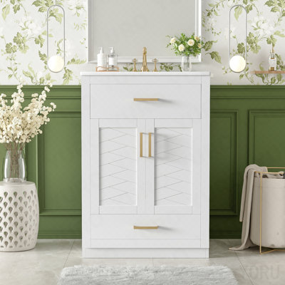 Meuble-lavabo 24 po avec lavabo en céramique intégré, armoire de salle de bain avec 2 portes, 1 tiroir basculant et meuble-lavabo simple pour salle de bain de petite et moyenne taille