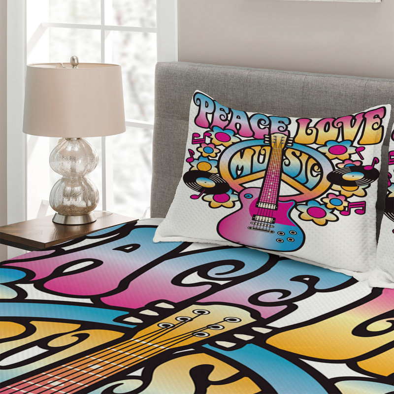 Colorful Peace Love Music Queen Quilted Bedspread Set