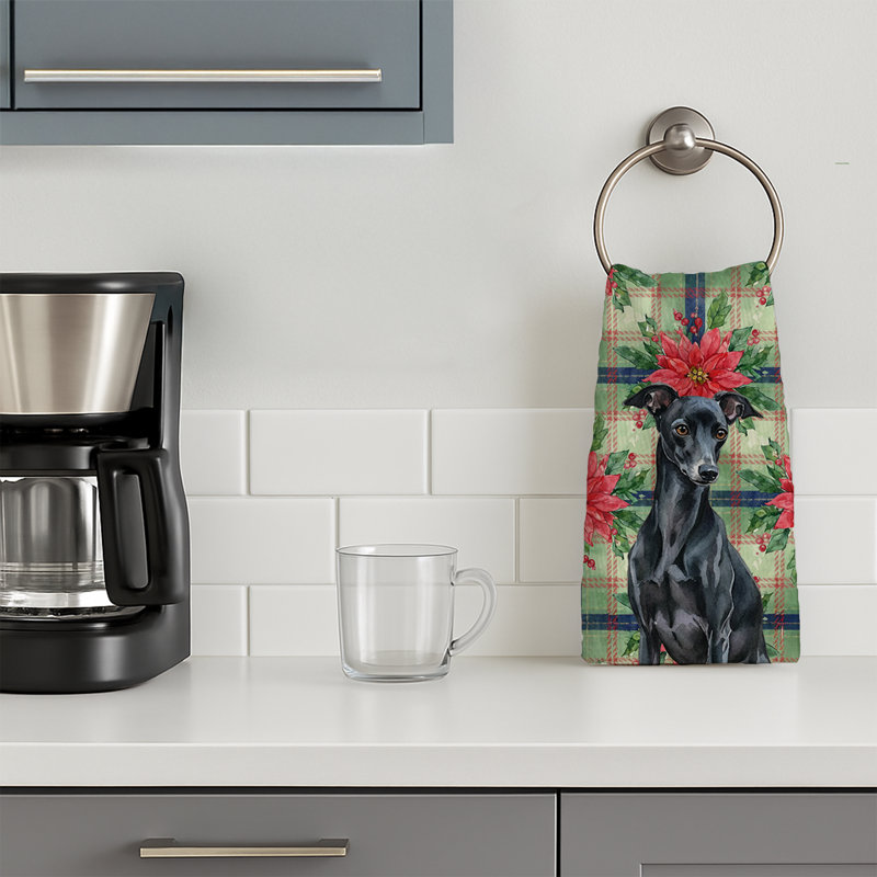 Black Italian Greyhound Christmas PoinsettIas Kitchen Towel, Black Italian Greyhound
