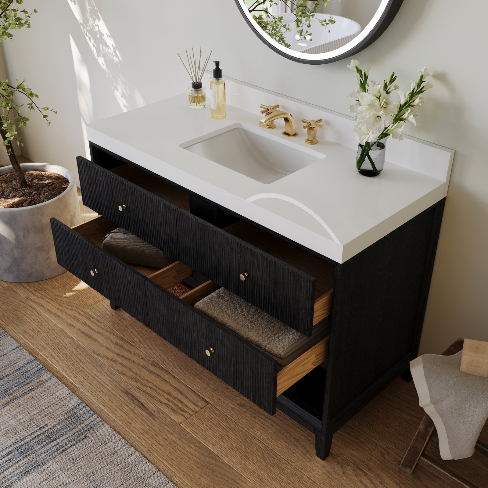 Momo 84" Oak Single Bathroom Vanity, Black Oak, 48"