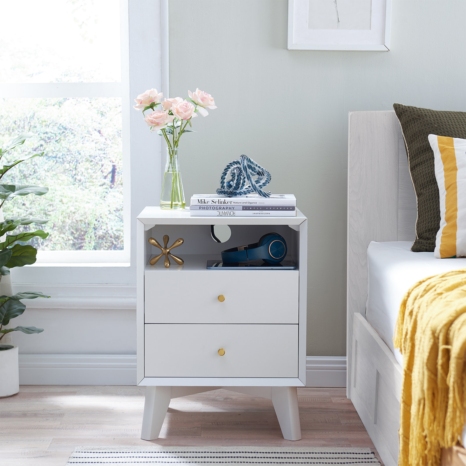 George Oliver Williams Retro Nightstand with Charging Station Mid Century Bedside Table with 2 Drawers Reviews Wayfair