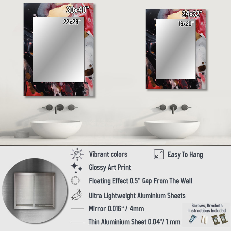 Infusion de marbre rouge et noir - miroir décoratif en marbre, miroir mural moderne, impression d'art en métal, 32 po x 24 po