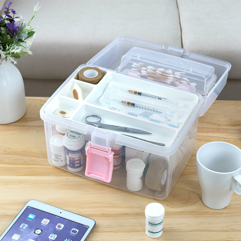 Clear Storage Basket with Pink Handle and White Tray