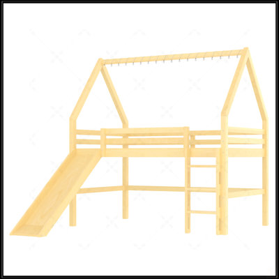 Full Size House Loft Bed With Sills, Tents, And Slide, Solid Wood Construction, Chic Design With Lights, No Box Spring Needed, Natural+Blue
