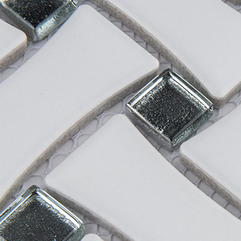 Metro Dog Bone Basketweave 0.92 In. X 2.26 In. Porcelain Basketweave Mosaic Wall Tile, Matte White w/Glass Silver Dot