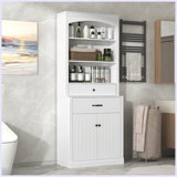 Bathroom Storage Cabinet with Two Doors, Drawers, Adjustable Shelf & Three Open Shelves
