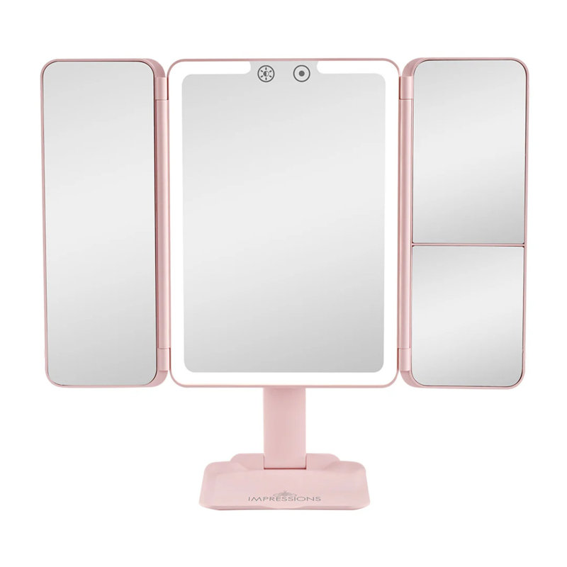Mini miroir de maquillage à trois volets Flex pour bureau, grossissement 3X et 5X, contrôle tactile doux, Rose
