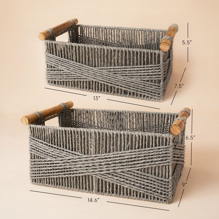 3-Section Wicker Baskets for Shelves, Hand-Woven Paper Rope Wicker