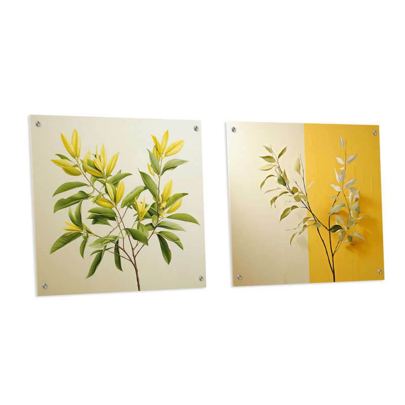 Feuilles vertes en minimalisme - Ensemble de 2 feuilles d'art mural en acrylique sur verre, H 36 po x l 73 po