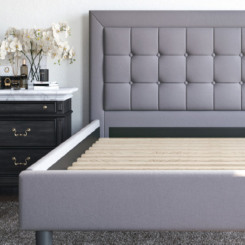 Mornington Dark Grey Linen Upholstered Queen Platform Bed Frame with Tufted Headboard