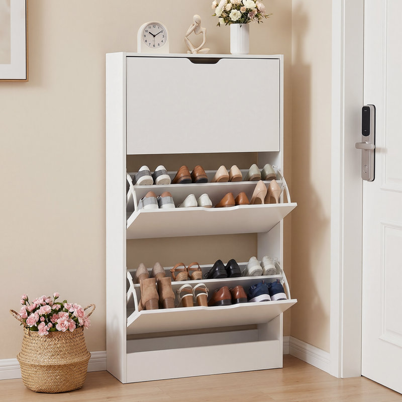 3-Tier Shoe Storage Cabinet with Flip Drawers, 18 Pair Free Standing Shoe Organizer 23.6''W for Entryway, White