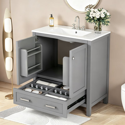 Meuble-lavabo simple de 30 po avec lavabo sous-comptoir gris, armoire de rangement autoportante avec cadre en bois massif, 2 portes et 1 tiroir, quincaillerie à fermeture en douceur pour la salle de bain et la salle d'eau des invités