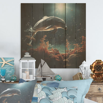 Dolphin Mystic Encounters I - Art mural en bois de dauphin sur bois de pin naturel