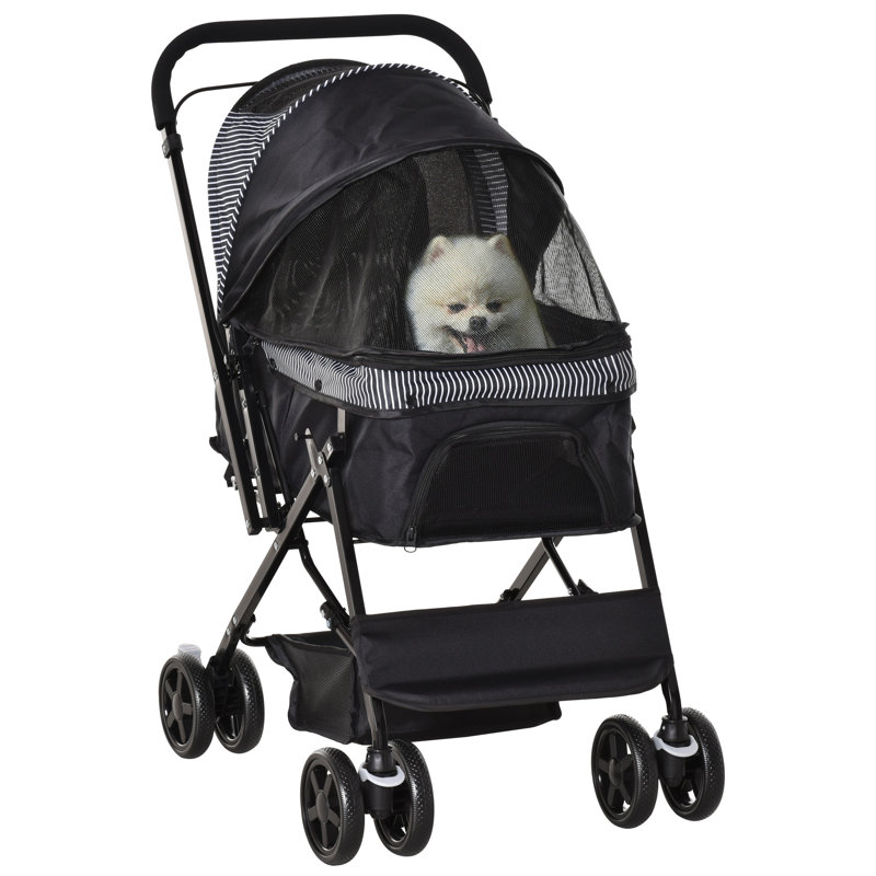 Poussette à roulettes pour animaux avec poignée réversible et frein, noir