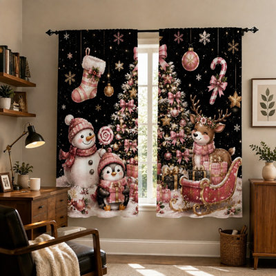 2Pcs Christmas Snowman Penguin Deer Tree Curtains, Festive Winter Holiday Home Decor Window Treatments, Light Filtering Curtain for Living Room Bedroom Kitchen Rod Pocket Drapes, Gifts