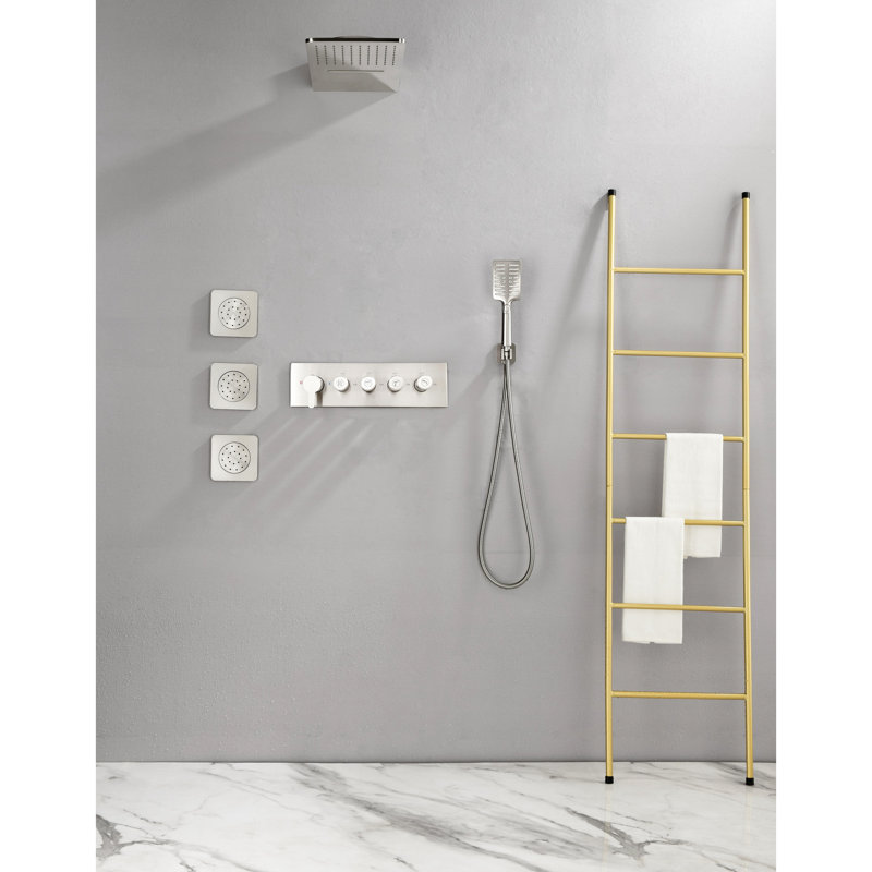 Douche en nickel brossé avec 3 jets pour le corps et douche à main, fixée au mur pour une salle de bain moderne, agréable à main