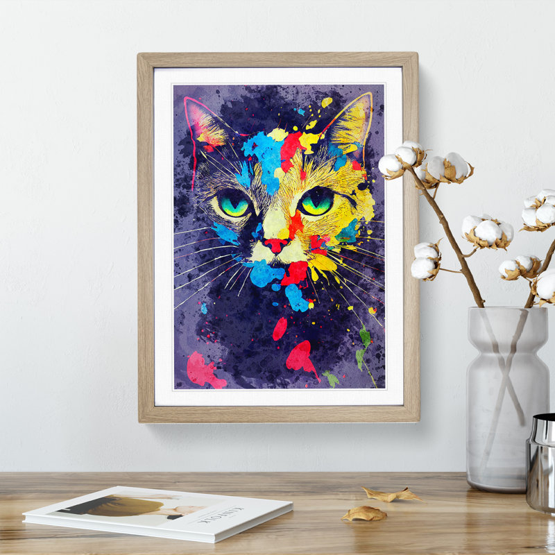 Paint Splat Cat No.4 - Framed Print, 46cm H x 34cm W x 2cm D, Oak