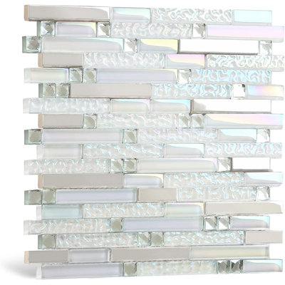 Glass Metal Tile Iridescent White Glass Silver Mirror Strip Wall Tiles