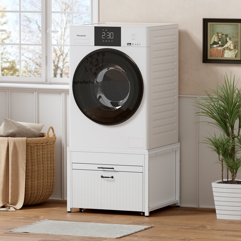 Universal 29" Fit Washer Dryer Pedestal Stand Includes Built-in Laundry Basket, Shelf, & Drawer With Wheels, Anti-vibration, Drain Pan, And Hose For Effortless Installation