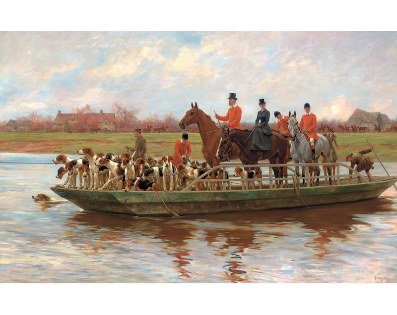 «Mr. Edward Lycett Green and the York and Ainsty Hound on the Ferry at Newby» par Thomas Blinks - Art sur toile tendue avec châssis