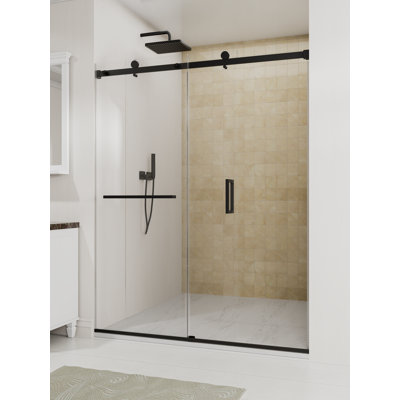 56" - 60" W x 76" H Sliding Frameless Shower Door with 1/4" (6mm) Clear Tempered Glass with Nano-Coarind & Explosion-Proof Film, Stainless Steel Door Handle and Mute roller ,Matte Black