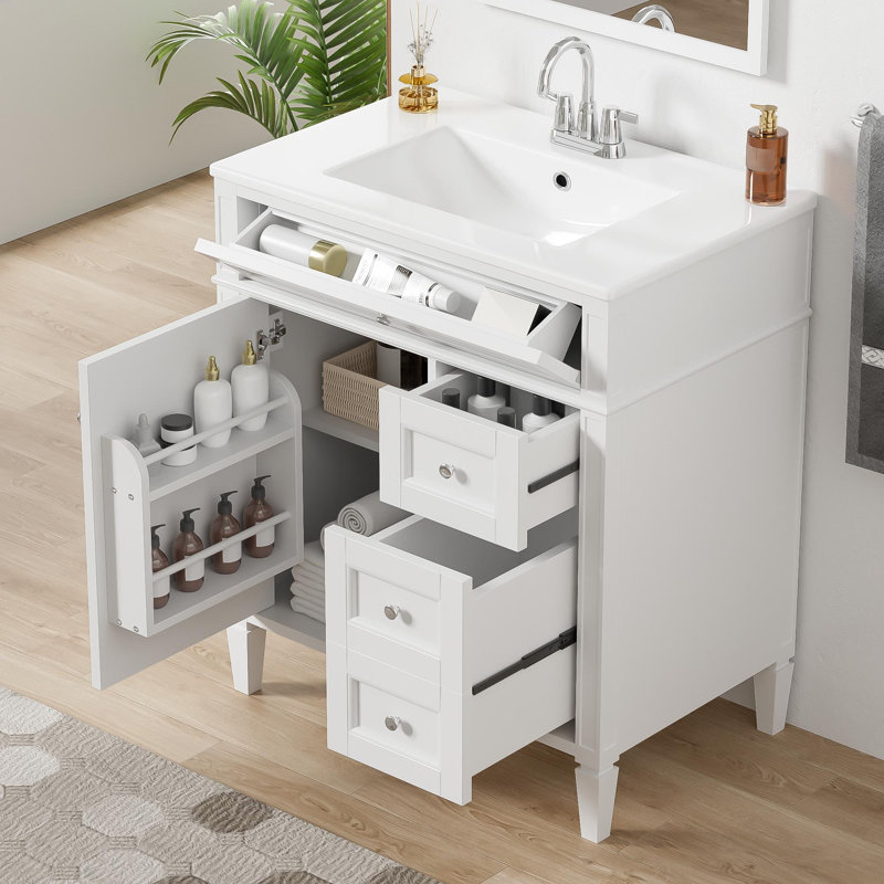 30" Single Sink Bathroom Vanity, White, Silver