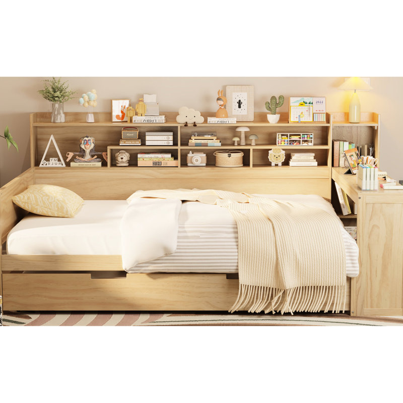 Lit de jour en bois naturel avec rangement polyvalent, lit gigogne et bureau pratique avec rangement, table pratique, Naturel