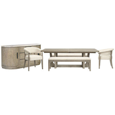 Table de salle à manger extensible rectangulaire avec 2 bancs, 2 chaises et un buffet