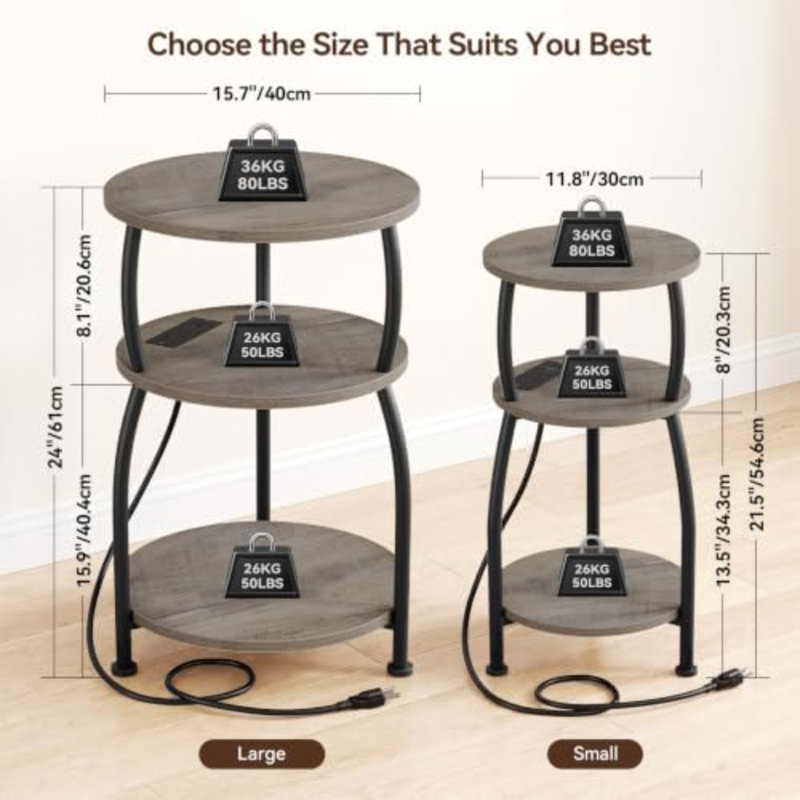 Table d'appoint ronde avec prise de courant, port USB Type C, table de bout à 3 niveaux | Table de chevet 15,7 po pour petits espaces, table d'appoint haute avec station de charge pour canapé, salon, jardin, gris
