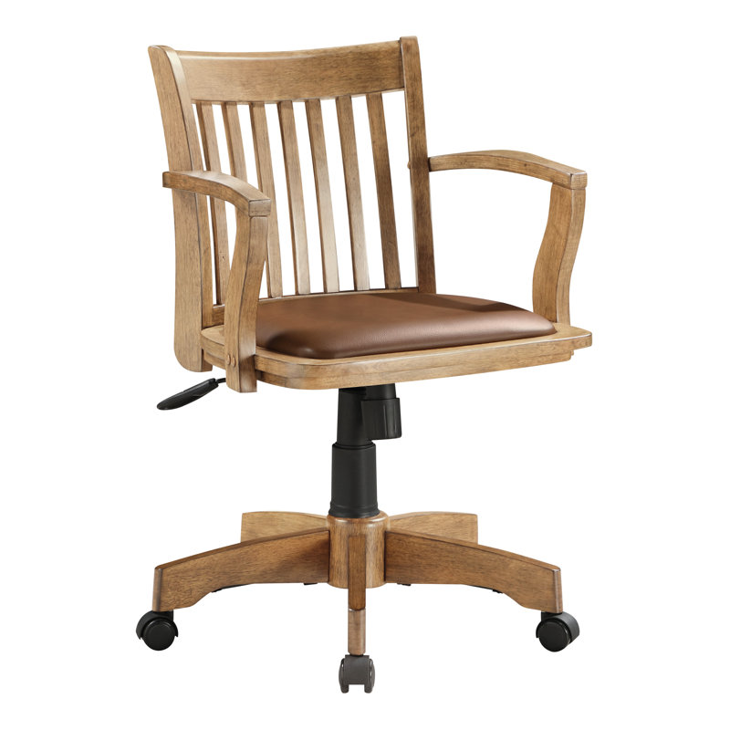 Deluxe Fruitwood Finish Wood Banker's Desk Chair with Brown Vinyl Seat