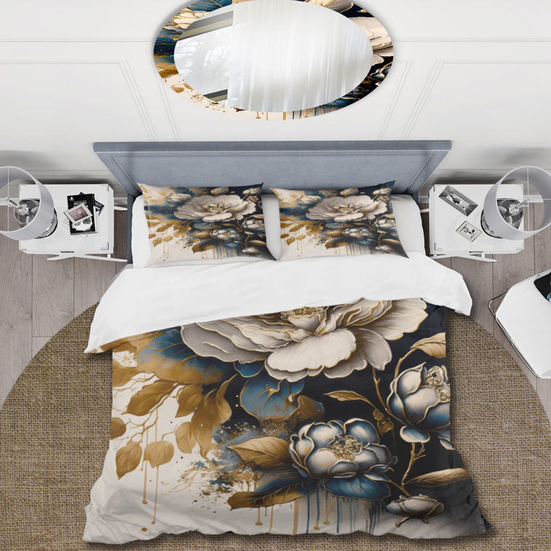 Ensemble de housse de couette Camellia Bouquet I noir et doré - Polyester microfibre