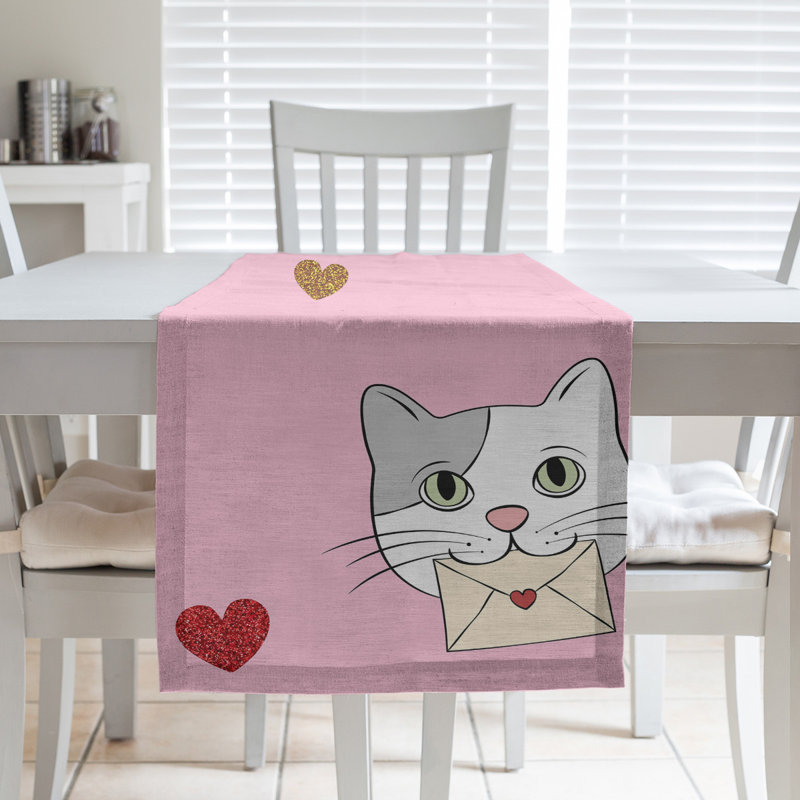 Festive Hol Valentine's Day Cats Table Runner, 90" L x 16" W, Pink/Gray/Red, Cotton blend