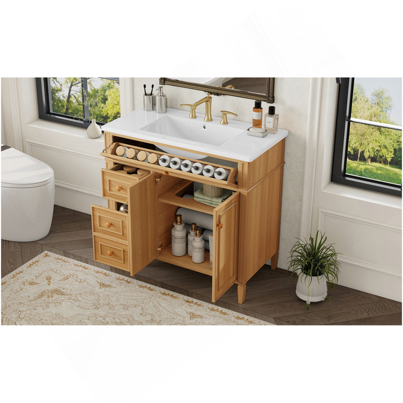 36" Bathroom Vanity With Sink, Wood Vanity Cabinet With Flip-Out Drawer, 3 Drawers, 2 Soft-Close Doors,  Wood & MDF, Elegant Rubber Wood Handles