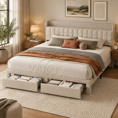 Full Size Bed Frame with 2 Storage Drawers, Upholstered Headboard, Sturdy Metal Frame, Beige