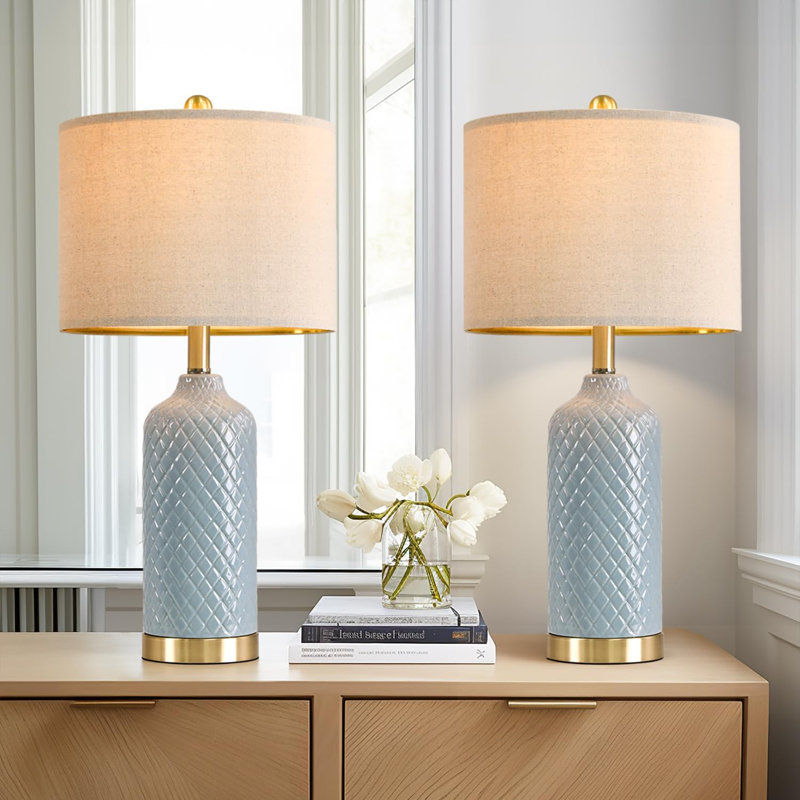 Modern Ceramic Table Lamps Set Of 2 With Linen Shades, Boho Farmhouse Bedside Lamps For Living Room, Bedroom, And End Tables