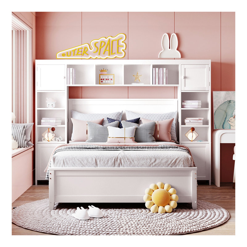 Lit double en bois avec armoire et tablette tout-en-un, blanc, Blanc