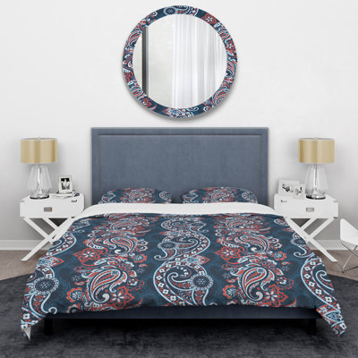 Cachemire bleu et brun à motif floral - Ensemble de housse de couette abstrait - Microfibre de polyester