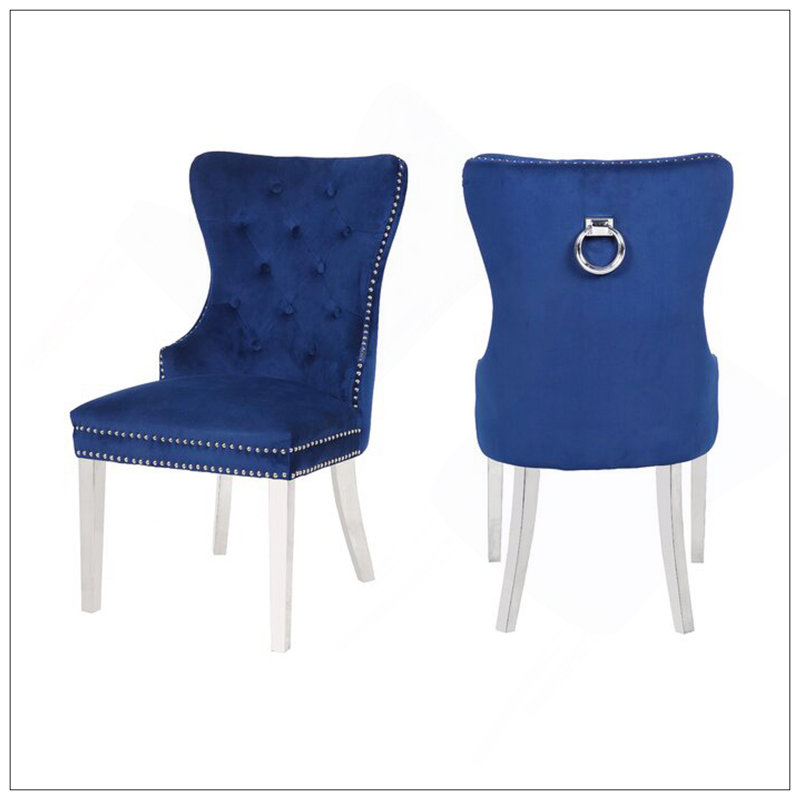 Chaises avec pieds en acier inoxydable Erica 2PC en velours capitonné bleu