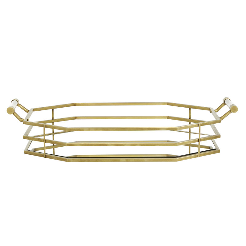 Plateau à cadre allongé en métal doré octogonal avec base en miroir et poignées transparentes, 28 po x 6 po