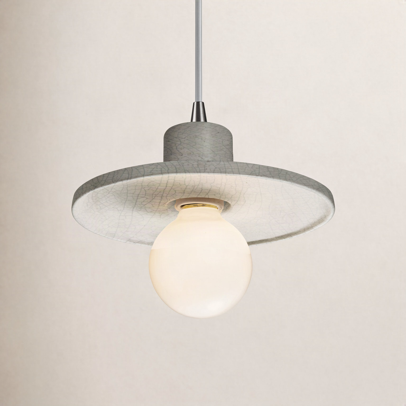 Leni Ceramic Dimmable Pendant, White Crackle, Brushed Nickel