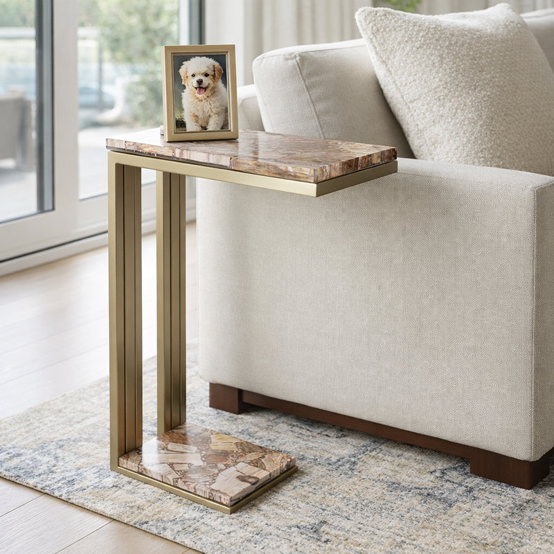 Petrified Wood Side Table With C-Shape Base For Living Room - Stylish Narrow End Table For Reading Nook Or Covered Patio - 24", Gold