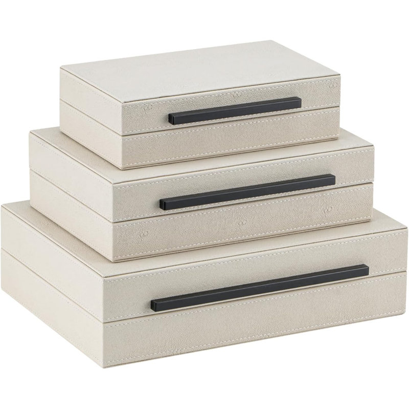 Set Of 3 Modern Shagreen Decorative Storage Boxes With Metal Handles – Faux Leather Stackable Nesting Jewellery Organizer With Velvet Lining