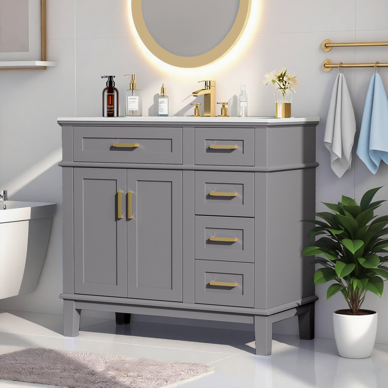 Meuble-lavabo 36 po: lavabo en céramique, 4 tiroirs à fermeture en douceur pour les petites salles de bain, Gris