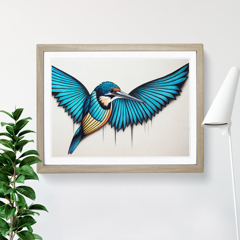 Alluring Kingfisher Bird - Single Picture Frame Print, 25cm H x 34cm W x 2cm D, Oak