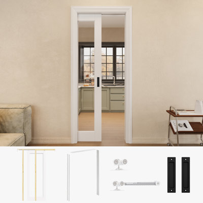 32" x 80" 1-Lite Clear Glass Sliding Closet Pocket Door with Black Hardware & White Pocket Door Frame / Handle