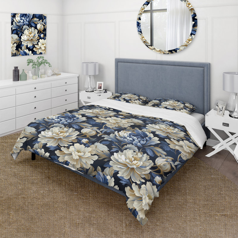Ensemble de housse de couette en damas blanc et bleu Zen Damask Harmony, Housse de couette pour très grand lit et 2 très