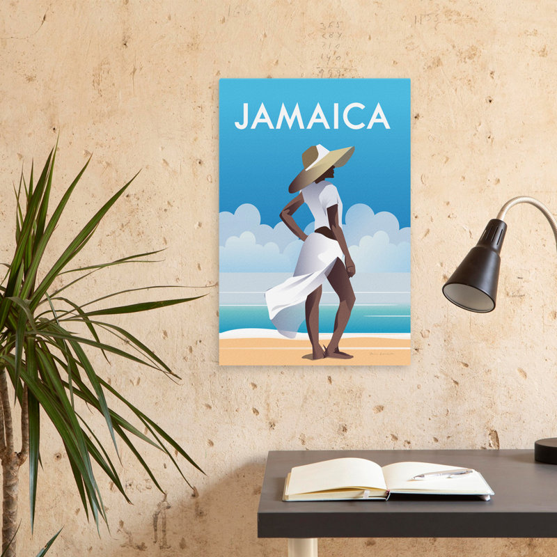 Jamaïque - Illustration contemporaine d'aventure en or bleu et blanc, H 24 po x l 16 po