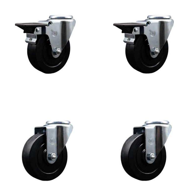 4 Inch Soft Rubber Wheel Swivel Bolt Hole Caster Set with 2 Posi Lock Brakes SCC