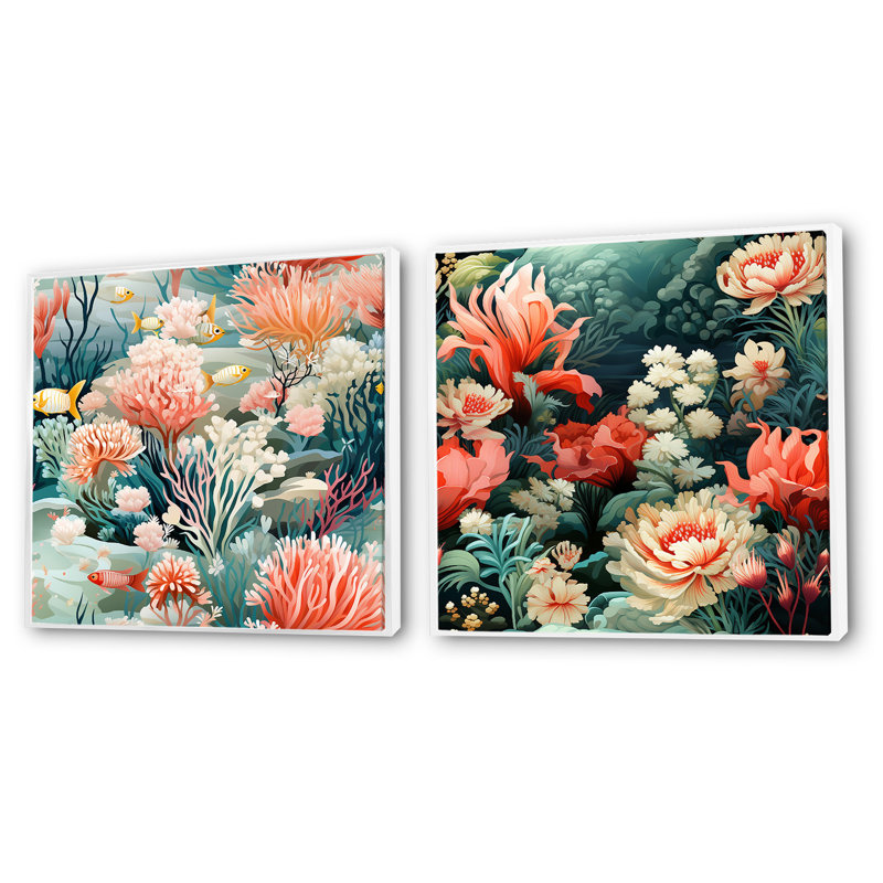 Rosemount Coastal Reef - motif côtier - ensemble de 2 pièces de style collage nautique et côtier, Cadre flottant blanc